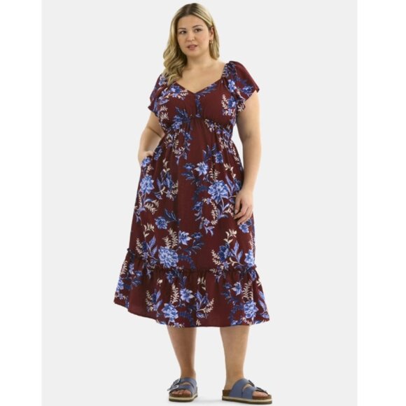 Terra & Sky Women's Plus Flutter Sleeve Midi Tiered Dress Maroon Floral Size 3X - Picture 15 of 15